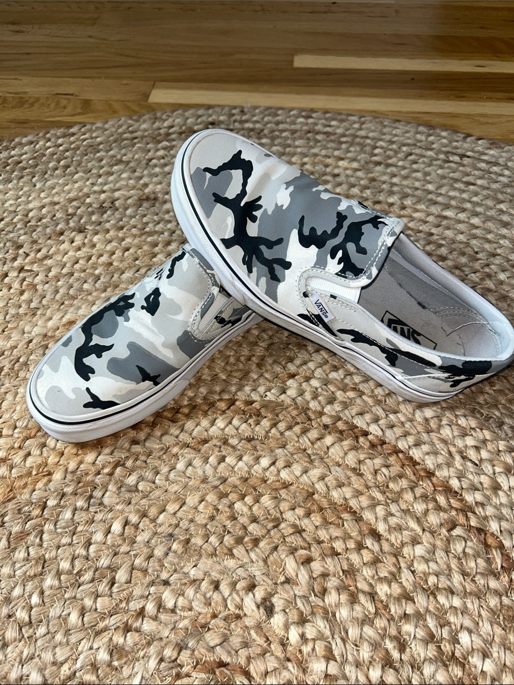 Vans Slip-On Sneakers with Gray Black Camo Print.